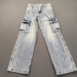 PacSun Cargo Jeans Women 26 Acid Wash Denim High Rise Raw Edge Utility